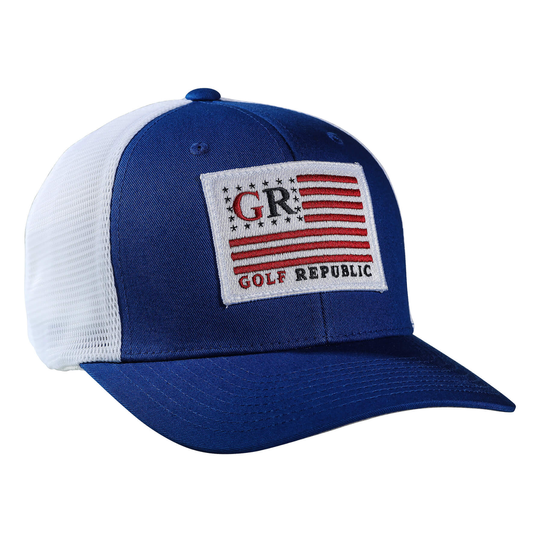 FlexFit Trucker Royal/White Embroidered Flag Patch
