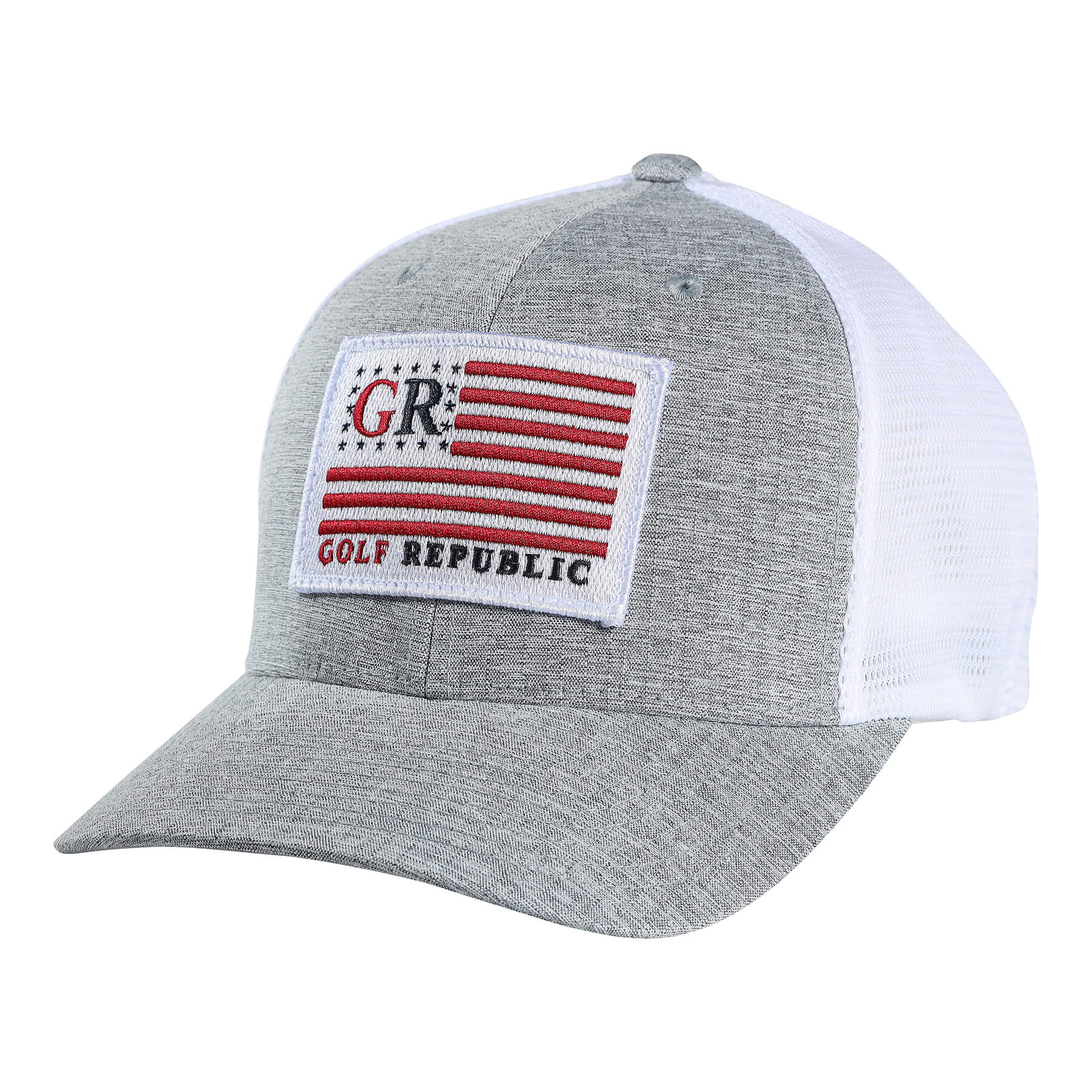 FlexFit Trucker Grey/White Embroidered Flag Patch | Hats